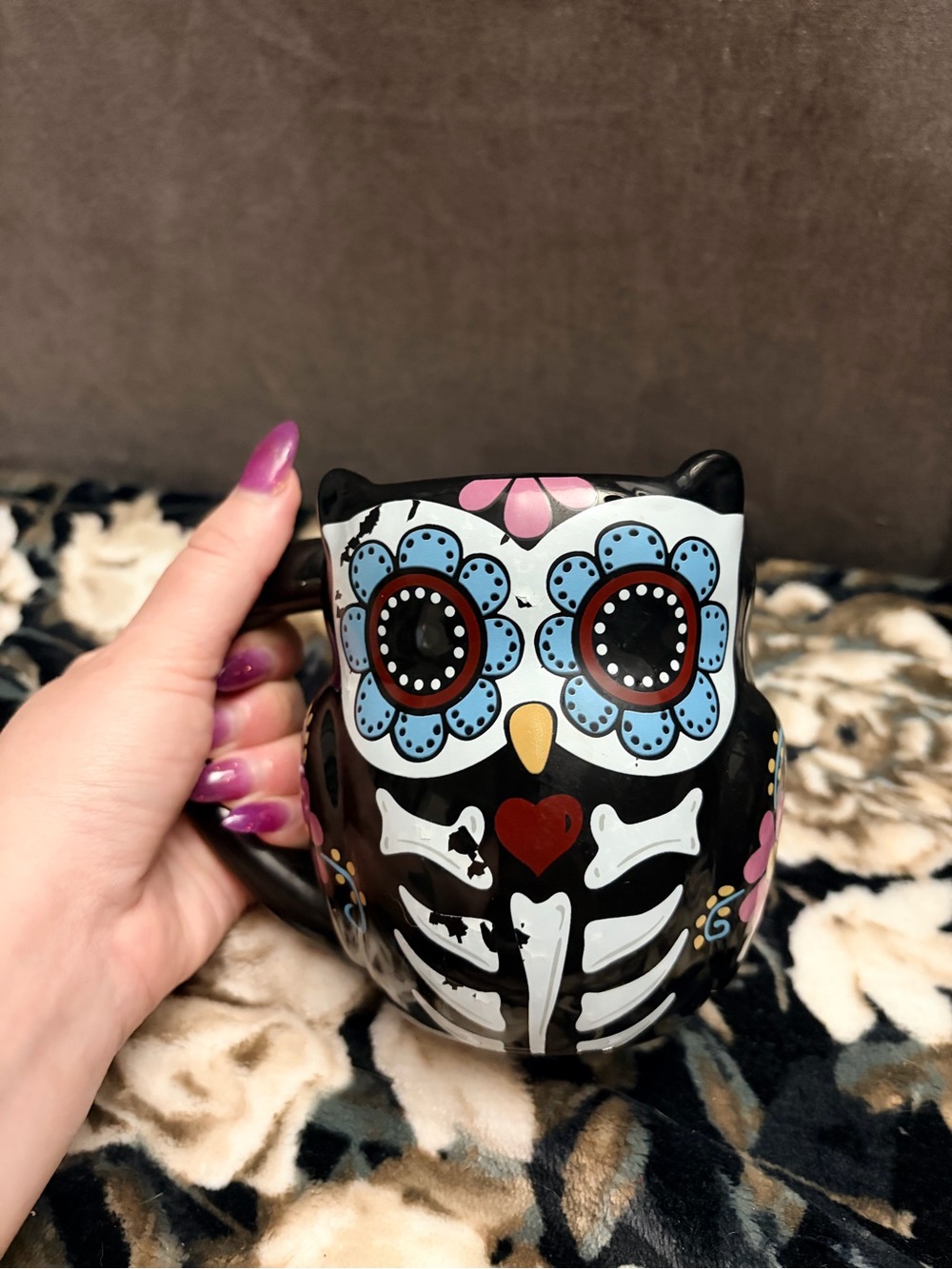Day of the Dead Owl Mug Cracker Barrel - Black with Blue & Red Accents